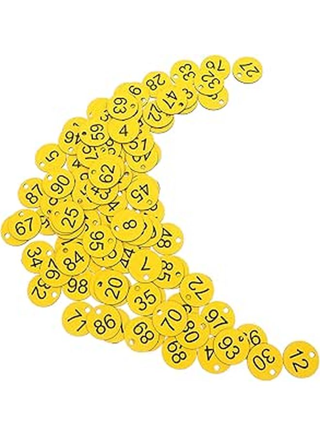 Numbered Key Tags 1 to 100 Plastic Labels with Holes for Lockers Cabinets Storage Table Identification Yellow - Image 1