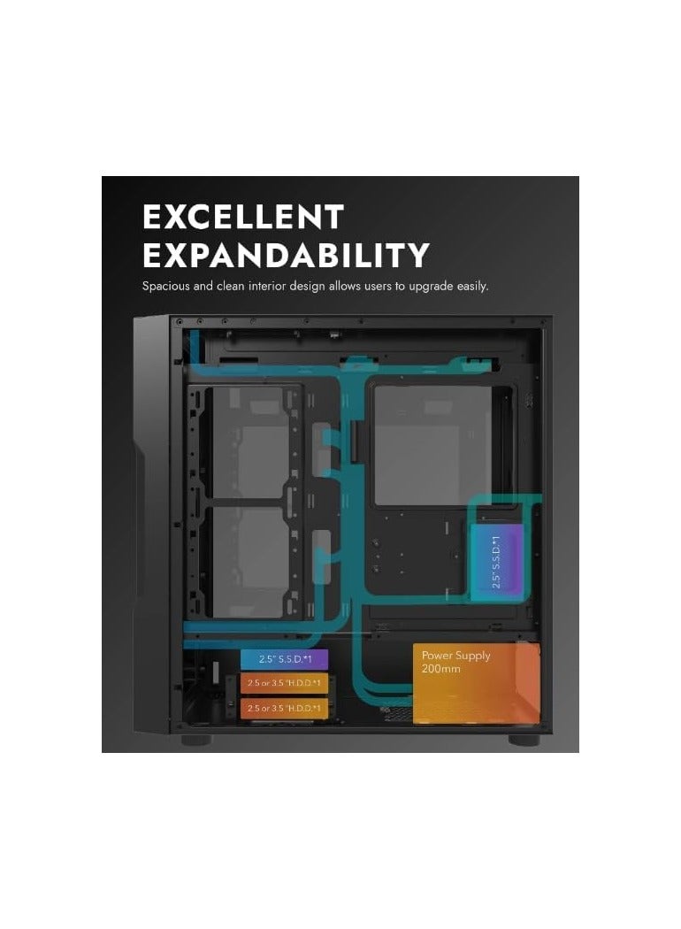 DarkFlash DarkFlash DK431 Glass EATX Gaming PC Case, 4x Pre-Installed aRGB Fans, Tempered Glass Front Panel, Up to 360mm Radiator & 12x Fans Support, SPCC + Tempered Glass Materials, Black - Image 3