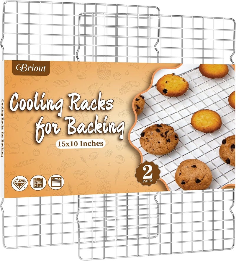 Briout 2PCS Cooling Racks for Cooking and Baking - 15x10 Inches Heavy Duty Stainless Steel Wire Rack for Baking, Grilling, Roasting - Oven & Dishwasher Safe - Fits Jelly Roll Sheet Pan-Silver - Image 1
