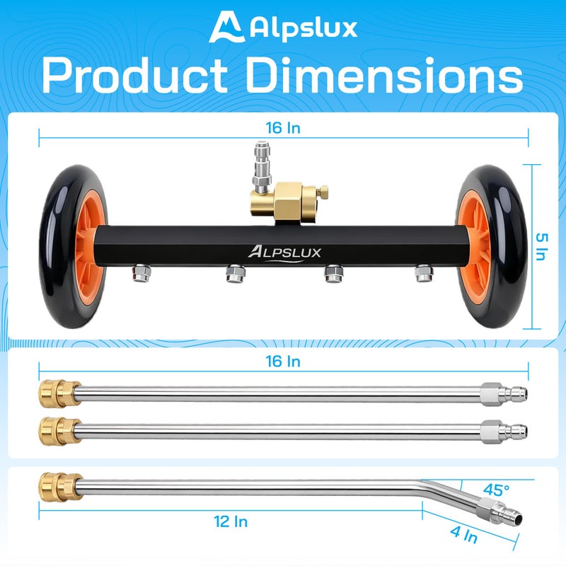 alpslux ملحقات غسالة الضغط تحت الهيكل، ملحق منظف تحت الهيكل، مكنسة مائية بطول 16 بوصة، منظف تحت السيارة مع 3 قضبان تمديد، 4000 PSI - Image 3