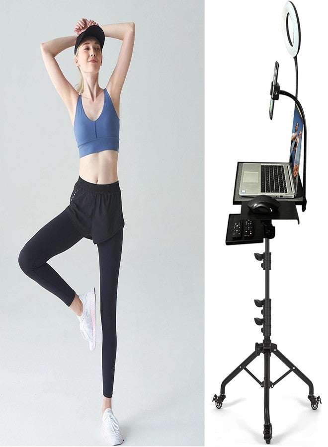 Asltoy Multifunctional Projector Tripod Stand with Wheels, Adjustable Height, Laptop Stand, Phone Holder, Mouse Tray, Storage Tray, LED Ring Light, Metal, Black - Image 3