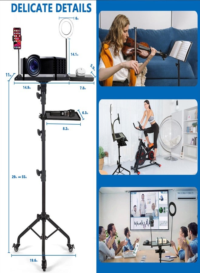 Asltoy Multifunctional Projector Tripod Stand with Wheels, Adjustable Height, Laptop Stand, Phone Holder, Mouse Tray, Storage Tray, LED Ring Light, Metal, Black - Image 2