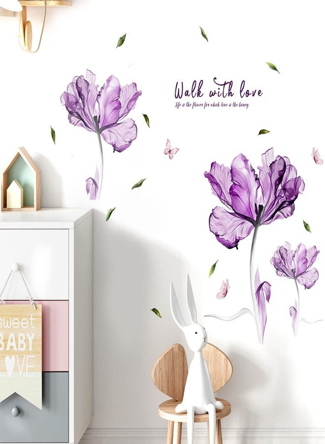 Prabahdak Flowers Wall Sticker Watercolor Purple Floral Wall Decal DIY Butterfly Flower Art Decor Stickers Floral Quotes Saying Wall Decals Mural for Nursery Bedroom Kids Room - Image 2