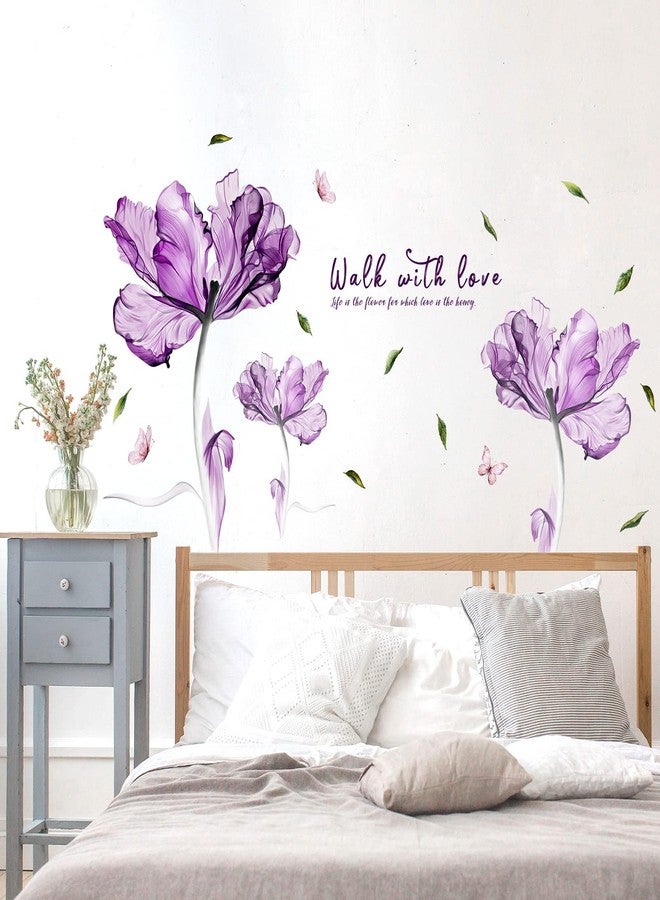 Prabahdak Flowers Wall Sticker Watercolor Purple Floral Wall Decal DIY Butterfly Flower Art Decor Stickers Floral Quotes Saying Wall Decals Mural for Nursery Bedroom Kids Room - Image 3