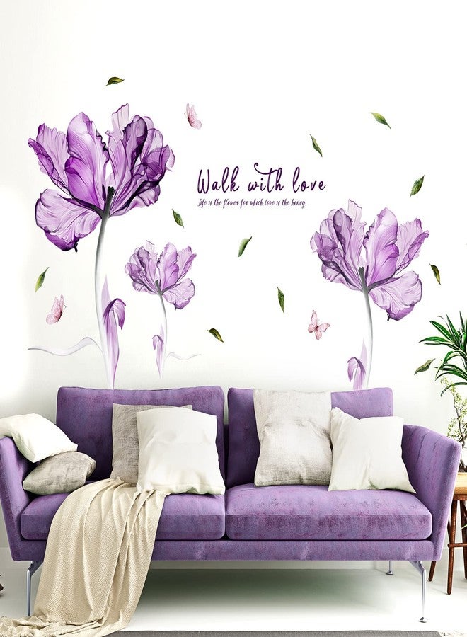 Prabahdak Flowers Wall Sticker Watercolor Purple Floral Wall Decal DIY Butterfly Flower Art Decor Stickers Floral Quotes Saying Wall Decals Mural for Nursery Bedroom Kids Room - Image 1