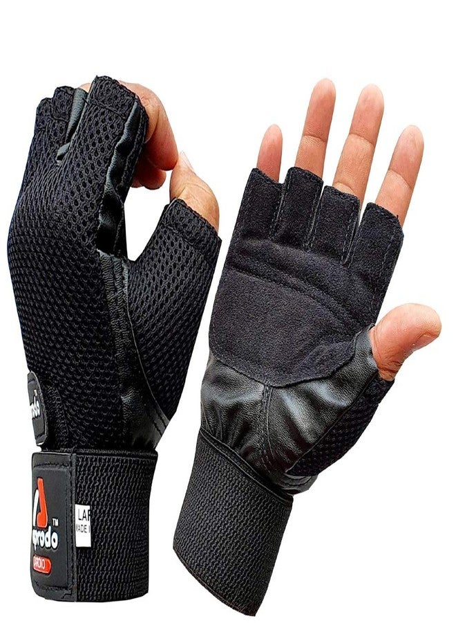 Aprodo Leather Palm Gym Gloves with Wrist Support + Double Stitched - Image 1