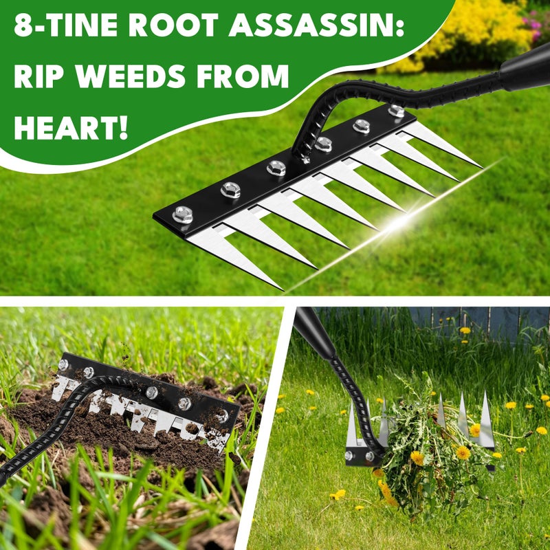 PREMJIN Iron Weeding Rake with Handle 2.0, Upgraded 8 Teeths Garden Weed Puller Tool Heavy Duty Gardening Tool for Lawn, Flower Beds & Soil Aeration - Image 4