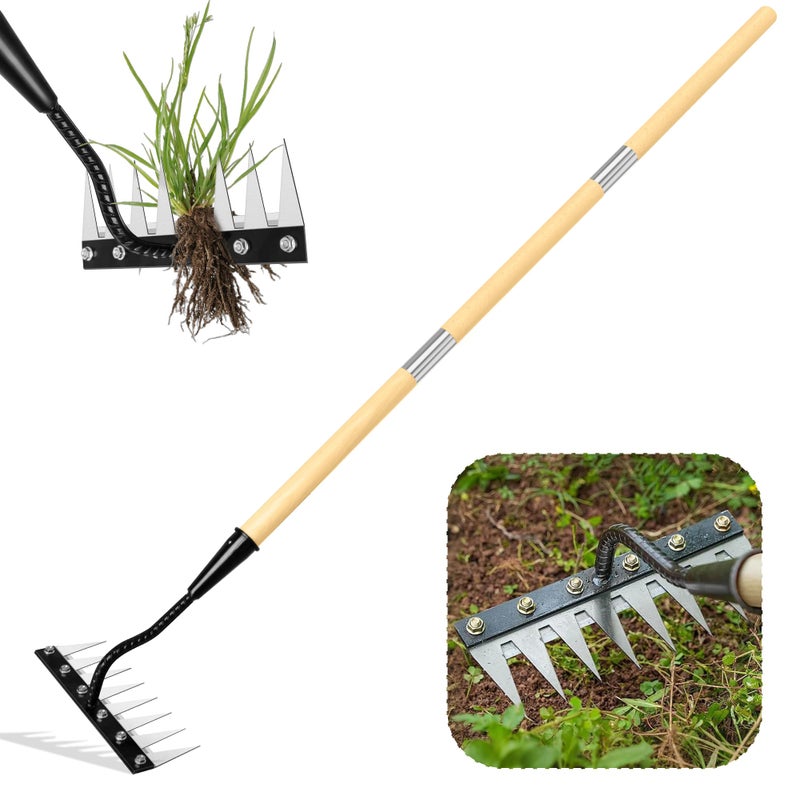 PREMJIN Iron Weeding Rake with Handle 2.0, Upgraded 8 Teeths Garden Weed Puller Tool Heavy Duty Gardening Tool for Lawn, Flower Beds & Soil Aeration - Image 1
