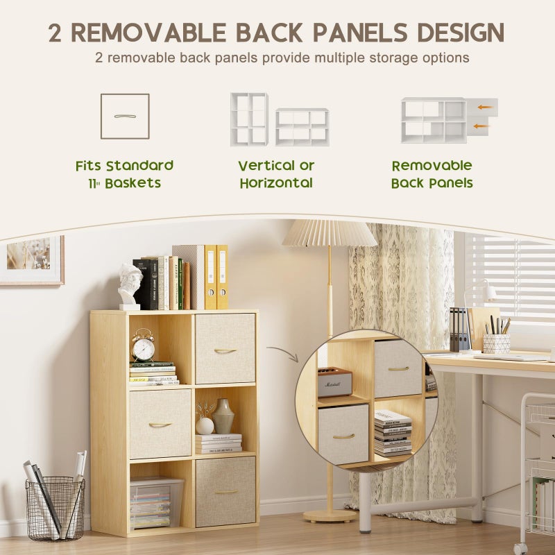 EXPERLAM 6 Cube Storage Organizer - Solid Wood Bookshelf with 3 Storage Bins, Cube Shelf with 2 Removable Back Panels, Vertical or Horizontal Bookcase, Open Book Shelf for Bedroom, Living Room, Office - Image 5