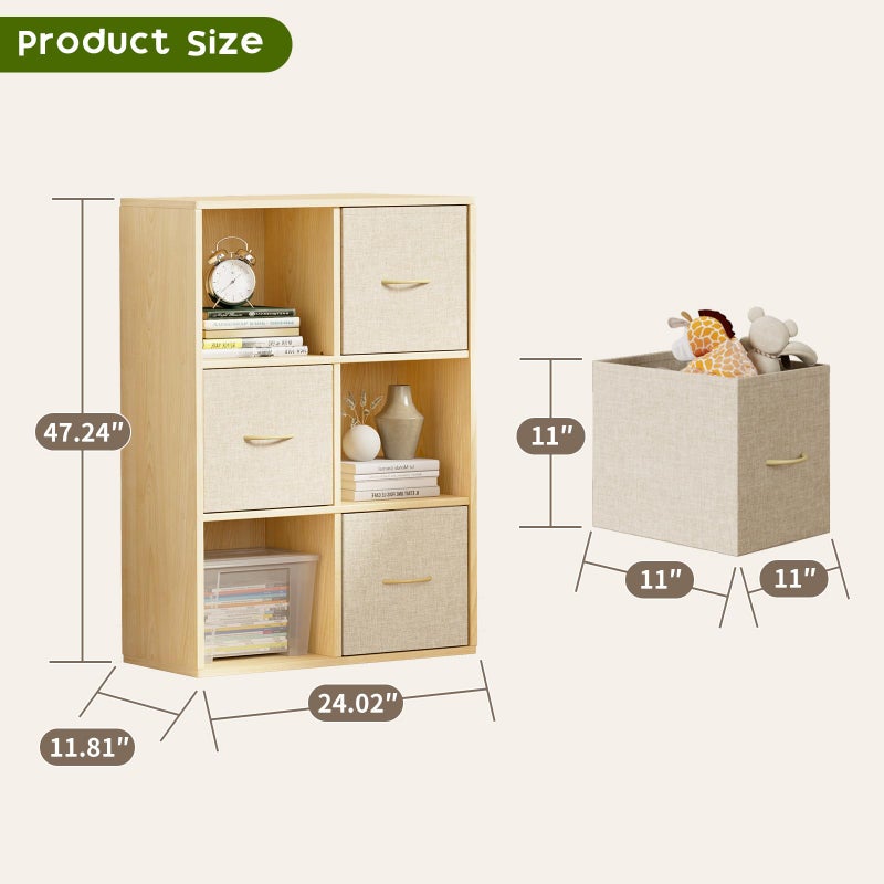 EXPERLAM 6 Cube Storage Organizer - Solid Wood Bookshelf with 3 Storage Bins, Cube Shelf with 2 Removable Back Panels, Vertical or Horizontal Bookcase, Open Book Shelf for Bedroom, Living Room, Office - Image 2