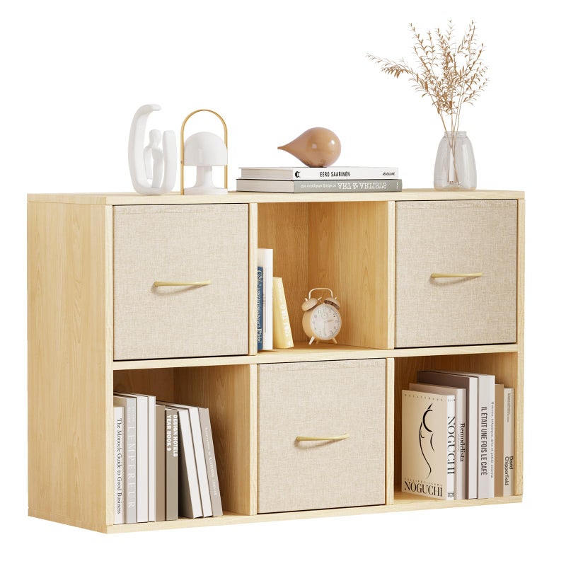 EXPERLAM 6 Cube Storage Organizer - Solid Wood Bookshelf with 3 Storage Bins, Cube Shelf with 2 Removable Back Panels, Vertical or Horizontal Bookcase, Open Book Shelf for Bedroom, Living Room, Office - Image 1
