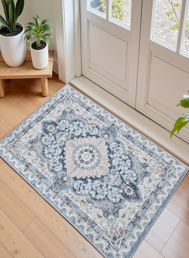 Macgace 2x3 Small Area Rug for Entryway, Soft Washable Rugs with Non-Slip Backing for Bedroom Kitchen, Vintage Throw Carpet Laundry Entry Door Decor, Blue & Beige - Image 1