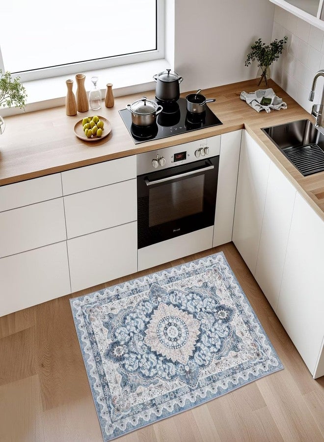 Macgace 2x3 Small Area Rug for Entryway, Soft Washable Rugs with Non-Slip Backing for Bedroom Kitchen, Vintage Throw Carpet Laundry Entry Door Decor, Blue & Beige - Image 3