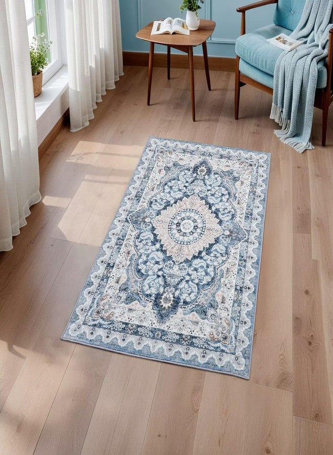 Macgace 2x3 Small Area Rug for Entryway, Soft Washable Rugs with Non-Slip Backing for Bedroom Kitchen, Vintage Throw Carpet Laundry Entry Door Decor, Blue & Beige - Image 2