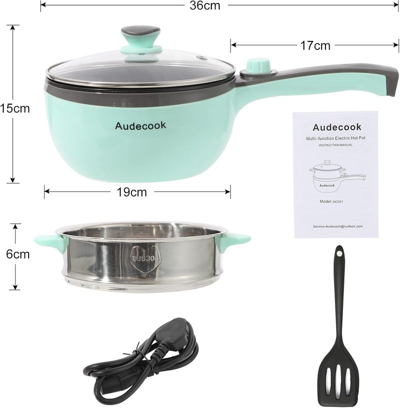 Audecook Hot Pot Electric,Mini Electric Skillet Portable Nonstick Sauté Pan with Power Adjustment, Rapid Ramen Cooker Travel Multicooker Electric Pot for Steak/Soup (A(green/1.5L with steamer)) - Image 5