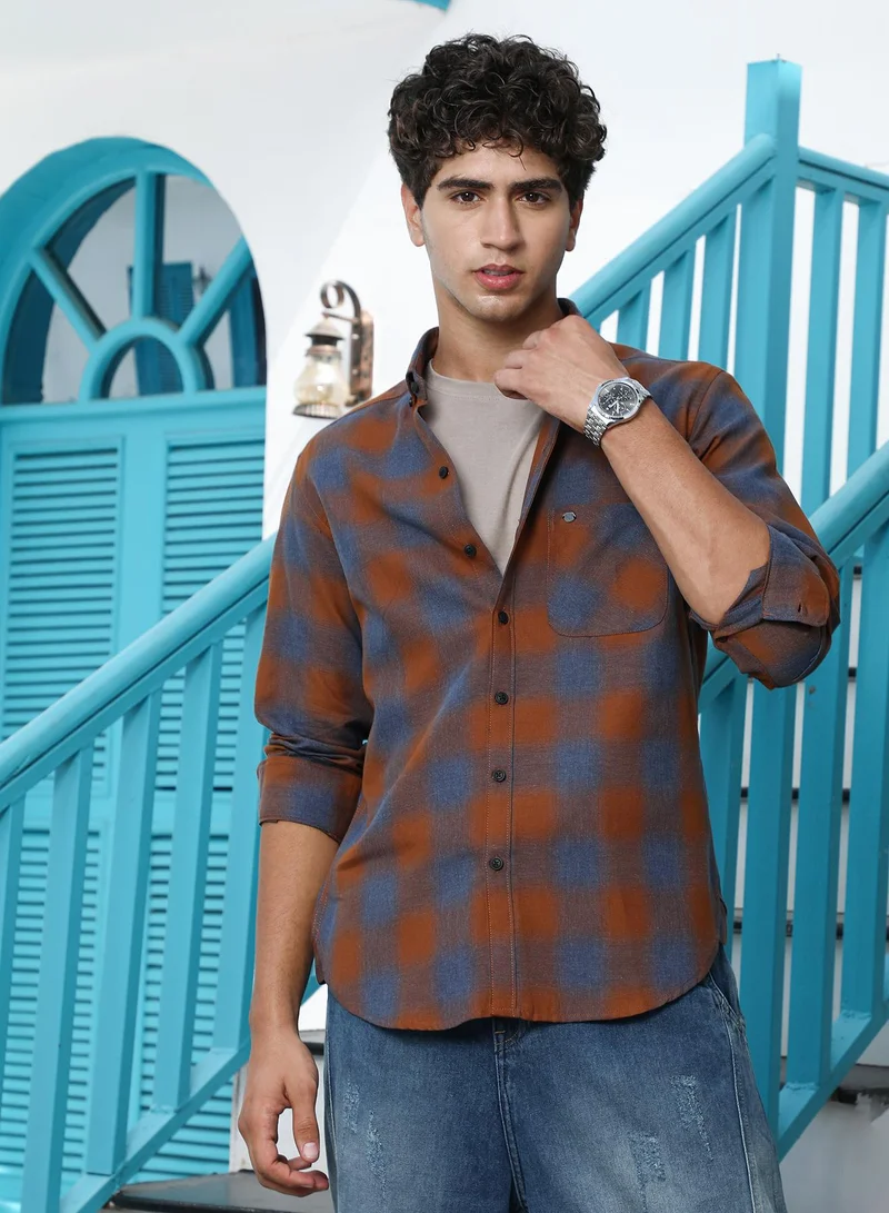 Campus Sutra Campus Sutra Men's Sienna Brown & Steel Blue Brushing-Checks Regular Shirt | Button Down Spread Collar , Long Cuffed Sleeves , Button Closure , Curved Hem | Cotton Shirt For Casual Wear