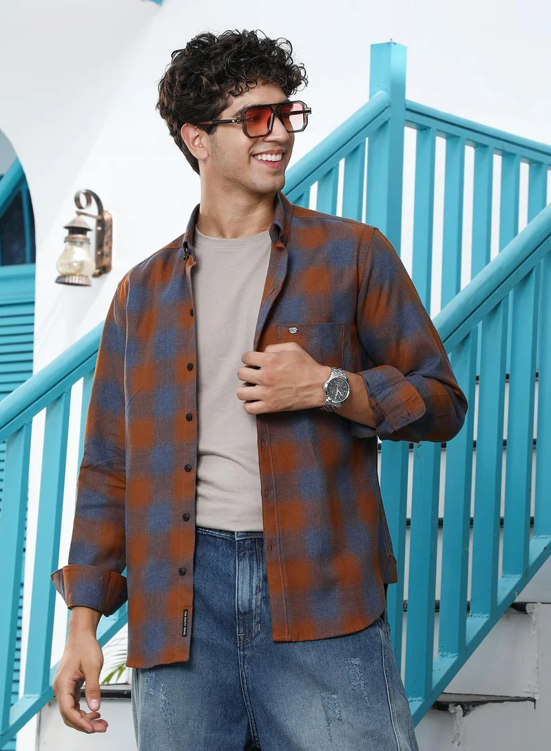 Campus Sutra Campus Sutra Men's Sienna Brown & Steel Blue Brushing-Checks Regular Shirt | Button Down Spread Collar , Long Cuffed Sleeves , Button Closure , Curved Hem | Cotton Shirt For Casual Wear