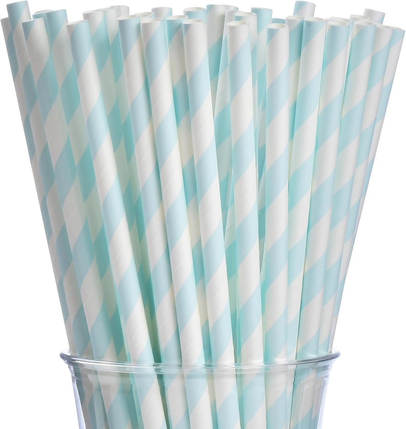 ALINK 100 Counts Stripe Paper Straws (Light Blue Stripe) - Image 1