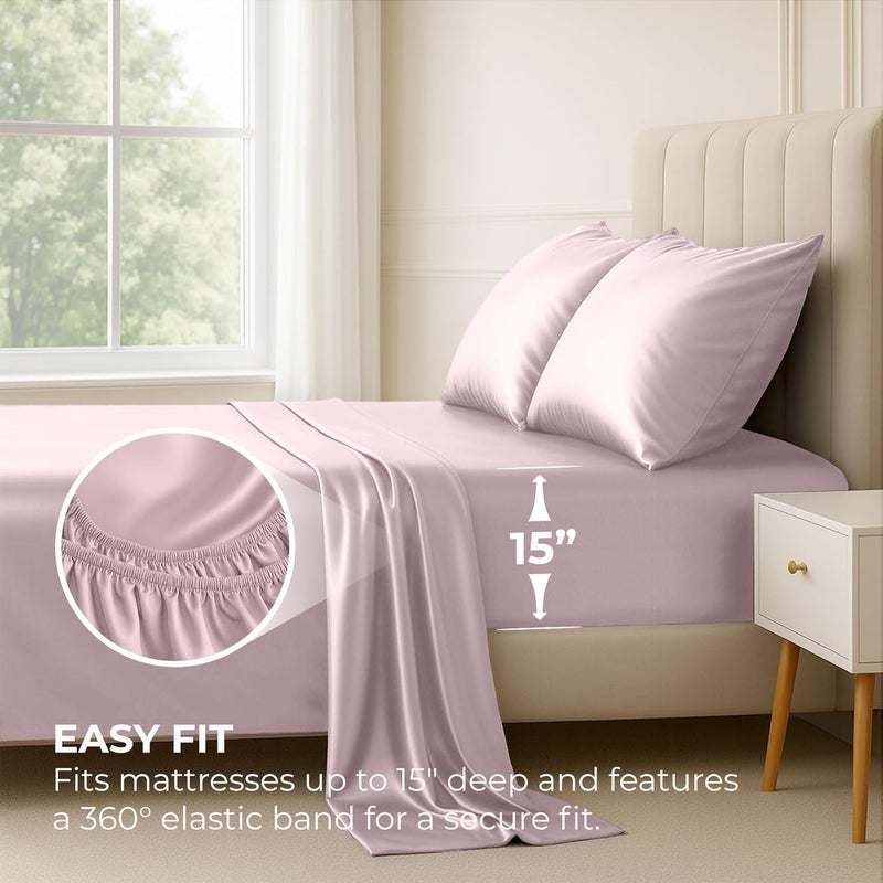 Pure Bedding Satin Sheets Full [4-Piece, Champagne Pink] Hotel Luxury Silky Bed Sheets - Extra Soft 1800 Microfiber Sheet Set, Wrinkle, Fade, Deep Pocket Fitted Sheet, Flat Sheet, Pillow Cases - Image 3