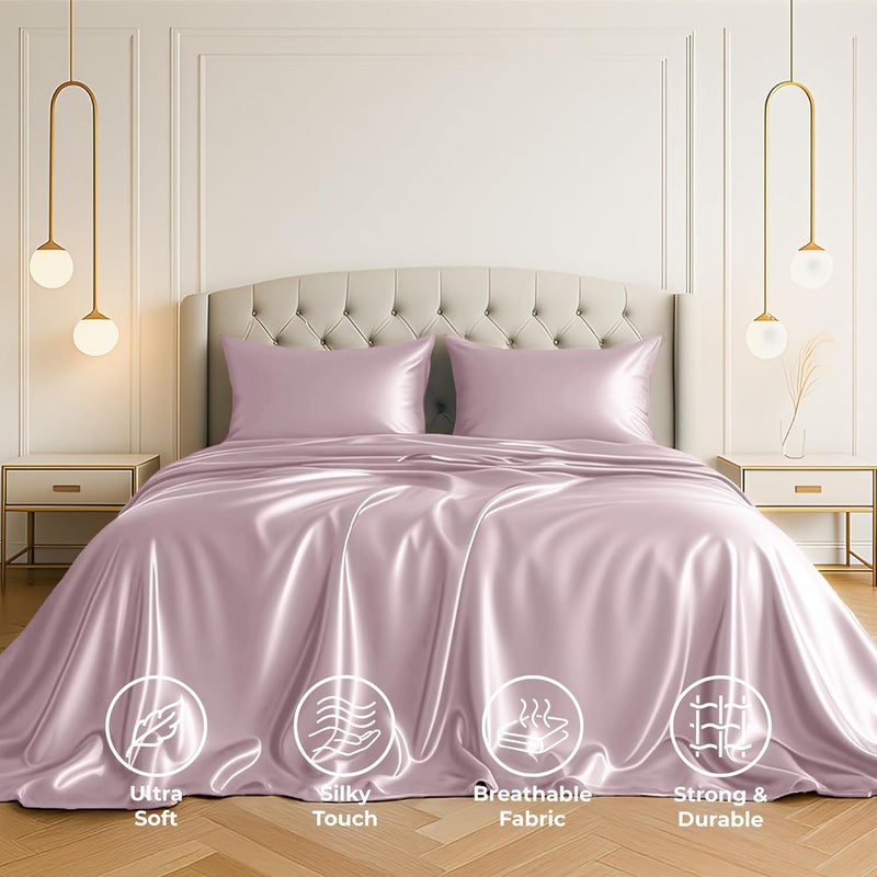 Pure Bedding Satin Sheets Full [4-Piece, Champagne Pink] Hotel Luxury Silky Bed Sheets - Extra Soft 1800 Microfiber Sheet Set, Wrinkle, Fade, Deep Pocket Fitted Sheet, Flat Sheet, Pillow Cases - Image 2