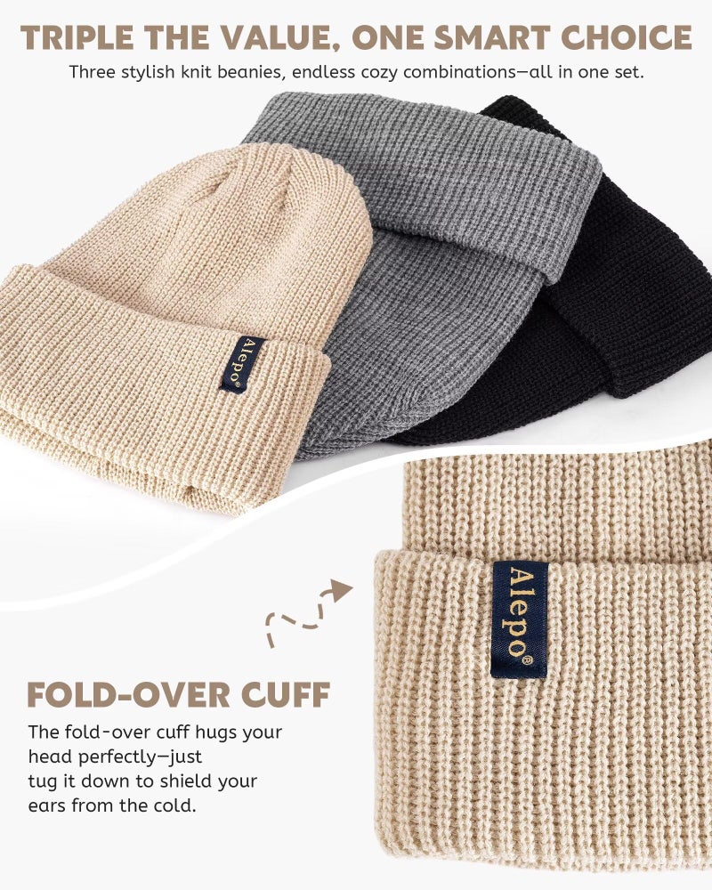 Alepo 3 Pack Satin Lined Beanie for Women Men, Fashionable Silk Lined Winter Hats for Cold Weather, Warm Cable Knit Skull Cap Cuffed Beanies-05 - Image 5