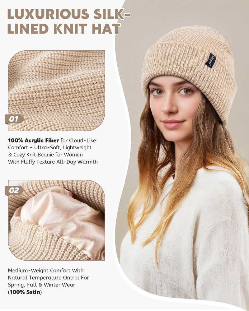 Alepo 3 Pack Satin Lined Beanie for Women Men, Fashionable Silk Lined Winter Hats for Cold Weather, Warm Cable Knit Skull Cap Cuffed Beanies-05 - Image 3