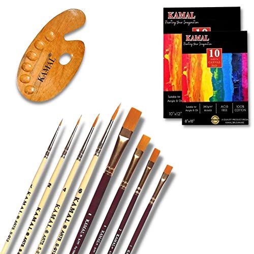 KAMAL Flat Maroon Round Cream Synthetic Hair Brushes with Cotton Canvas PAD 8X10,10X12 Inch Set of 2 with Wooden Palette Medium - Image 1
