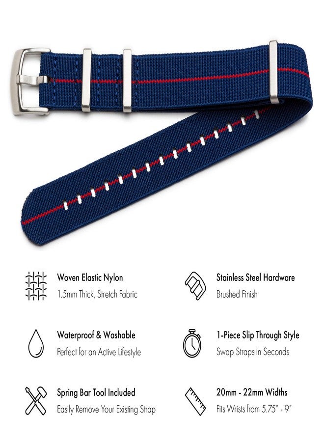Benchmark Basics Benchmark Elastic Watch Band - Parachute Nylon One-Piece Military Style Watch Straps for Men & Women - Choice of Color & Width - 20mm or 22mm, Navy Blue / Red, 22mm, Military - Image 2