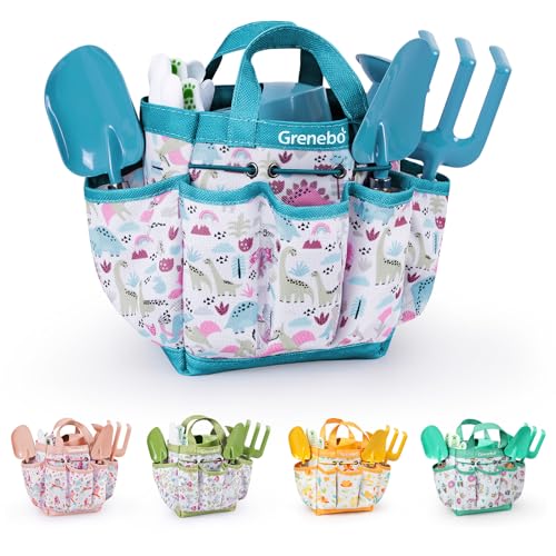 Grenebo Kids Gardening Set Toys Quality Garden Tool Kit for Kids and Toddlers Includes Two Shovels Garden hatRake ApronGloves Watering Can and Tool Bag Blue - Image 1