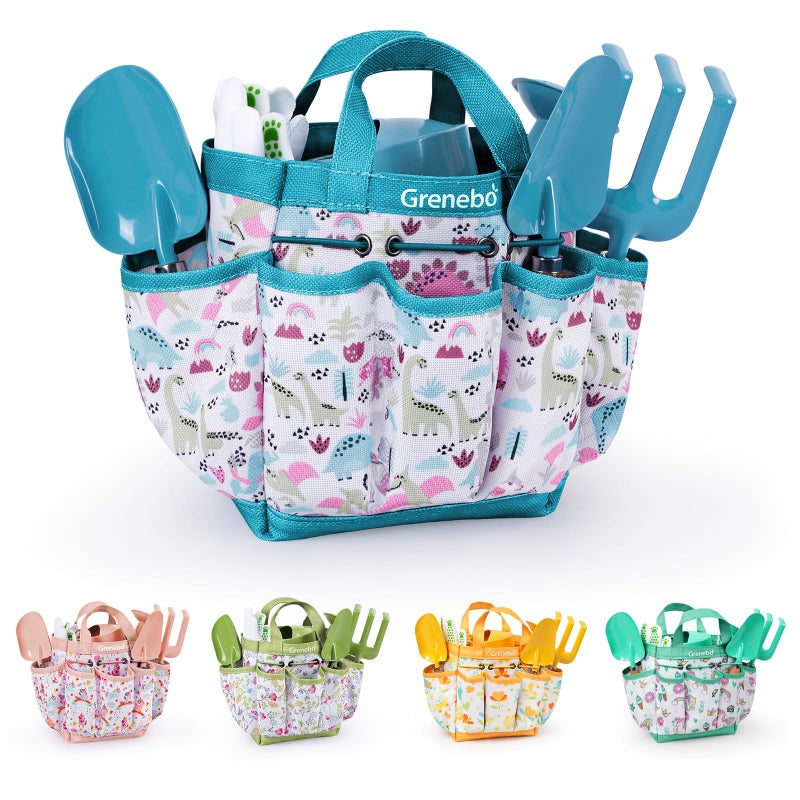 Grenebo Kids Gardening Set Toys Quality Garden Tool Kit for Kids and Toddlers Includes Two Shovels Garden hatRake ApronGloves Watering Can and Tool Bag Blue - Image 3