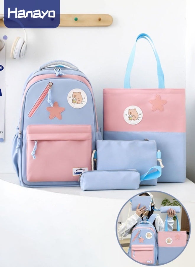 Hanayo مجموعة حقائب ظهر مدرسية مكونة من 4 قطع بتصميم كرتوني لطيف سعة كبيرة حقائب كتب حقيبة مراسلة حقيبة أقلام حقيبة كتف للفتيات المراهقات حقيبة ظهر مدرسية (أزرق) - Image 1