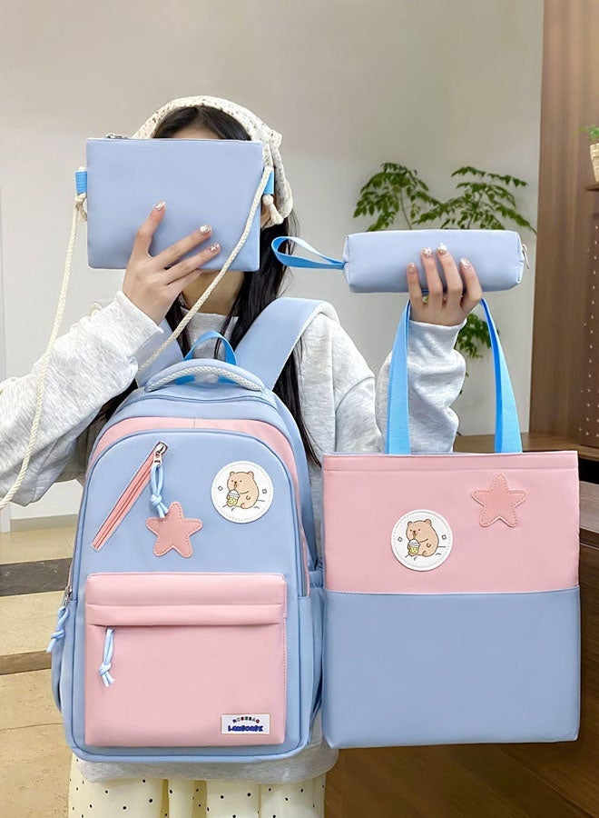 Hanayo مجموعة حقائب ظهر مدرسية مكونة من 4 قطع بتصميم كرتوني لطيف سعة كبيرة حقائب كتب حقيبة مراسلة حقيبة أقلام حقيبة كتف للفتيات المراهقات حقيبة ظهر مدرسية (أزرق) - Image 4