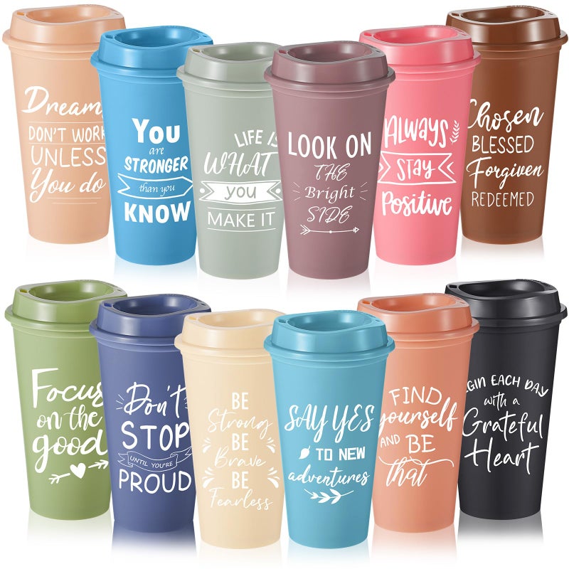 FillTouch 12 Pcs Inspirational Gifts for Employee Coworkers Staff Teammate 16oz Reusable Plastic Coffee Cups with Positive Sayings Bundle Gifts for Woman Man Coworker Morandi ColorInspirational - Image 2
