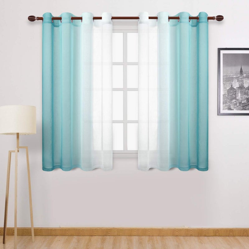 DWCN Faux Linen Ombre Sheer Curtains  Semi Voile Gradient Sheer Curtains Bedroom and Living Room Drapes Set of 2 Grommet Top Window Curtain Panels 52 x 54 Inch Length Teal