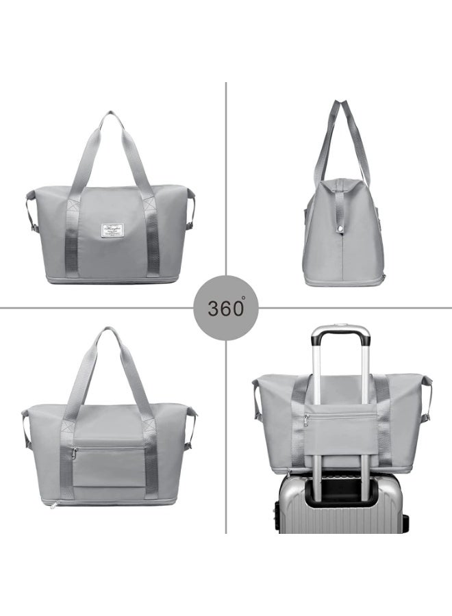 A multi-purpose bag that folds easily, features a front pocket and a top zipper, and can be attached to the handle of a suitcase. Designed to combine style, comfort, and practicality, this bag is available in gray. - Image 4