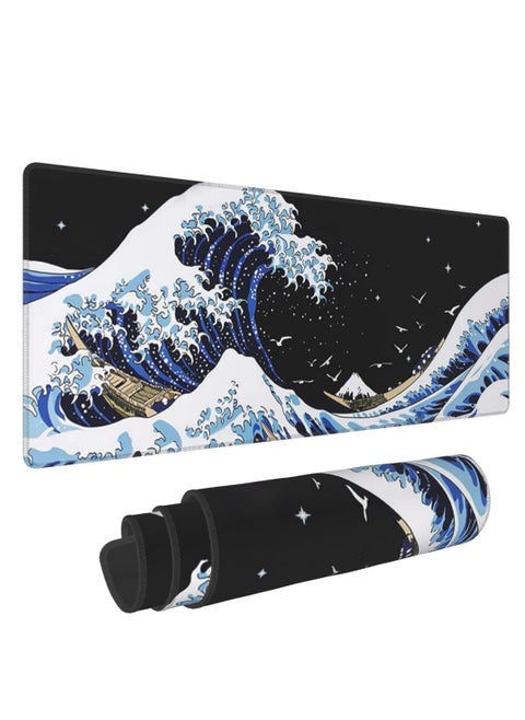 Japanese Blue and Black Sea Wave Mouse Pad Abstract Blue Desk Mat (70cm x 30cm x 2mm ) Sea Wave Texture Non-Slip Rubber Base Wave Mousepad Stitched Edges Keyboard Mouse Mat Desk Pad for Office Home Game