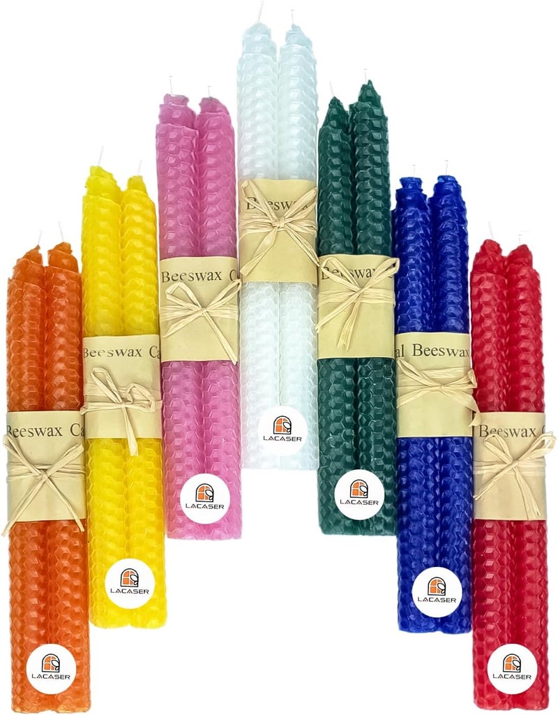 Lacaser Natural Beeswax Taper Candles 14pcs Set, Colorful Candlesticks in Rainbow Colors, Driples & Smokeless & Unscented, 9" Long Candle Sticks, Burning Time 4 Hours - Image 1