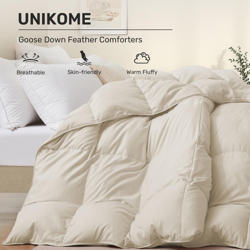 UNIKOME Goose Feather Down Fiber Comforter Queen Size, All Season Duvet Insert with Soft Downproof Cover, Cloud-Like Fluffiness Bed Comforters with Corner Tabs (Full/Queen, Cream, 88"X88") - Image 2