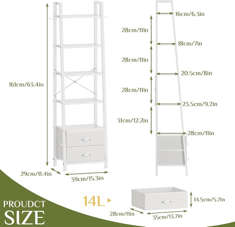Solerconm 5-Tier Ladder Bookshelf with 2 Drawers,Narrow Storage Rack with Shelves - Image 2