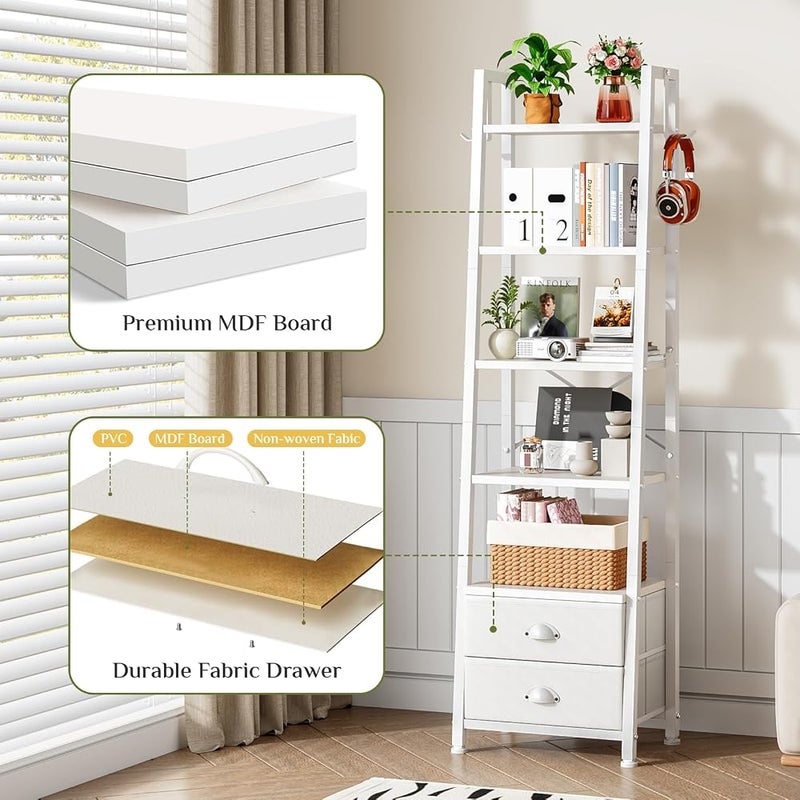 Solerconm 5-Tier Ladder Bookshelf with 2 Drawers,Narrow Storage Rack with Shelves - Image 5