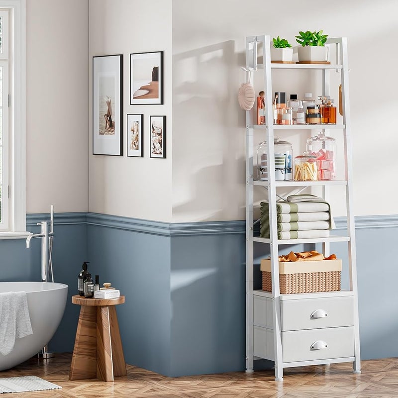 Solerconm 5-Tier Ladder Bookshelf with 2 Drawers,Narrow Storage Rack with Shelves - Image 1