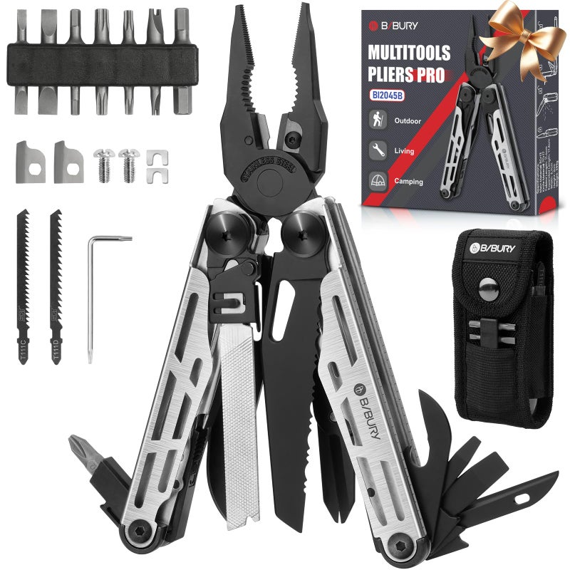BIBURY Multitool Pliers Pro BI2045, Foldable Multitools with Replaceable Wire Cutters and Saw, Stainless Steel Multi Tool w/Upgraded Scissors and Screwdriver Set, Ideal for Camping, Hiking, Survival - Image 1