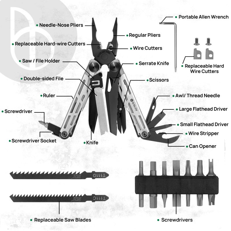 BIBURY Multitool Pliers Pro BI2045, Foldable Multitools with Replaceable Wire Cutters and Saw, Stainless Steel Multi Tool w/Upgraded Scissors and Screwdriver Set, Ideal for Camping, Hiking, Survival - Image 2