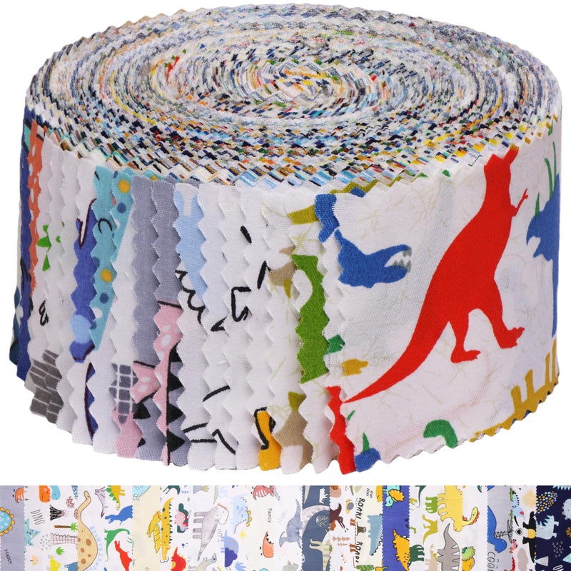 Hanjunzhao Dinosaur Fabric Jelly Rolls for Quilting, 42 Strip 2.5" x 44" Dinosaur Jelly Roll Fabric, Soft Cotton Material Strips for Baby Boy Kids Blanket, Rug, Upholstery, Home DÃ©cor, and Crafts - Image 1