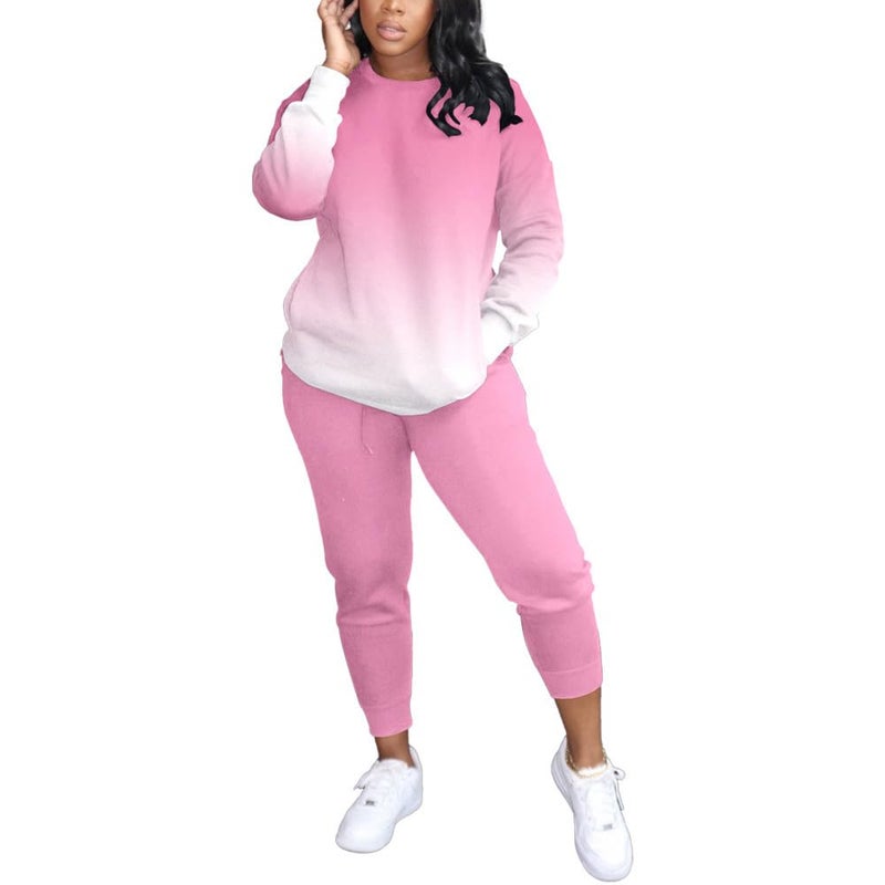 HBQ Two Piece Outfits For Women Casual Long Sleeve Sweatsuits Jogger Tracksuits Lounge Sets With Pockets-Gradient-L - Image 1