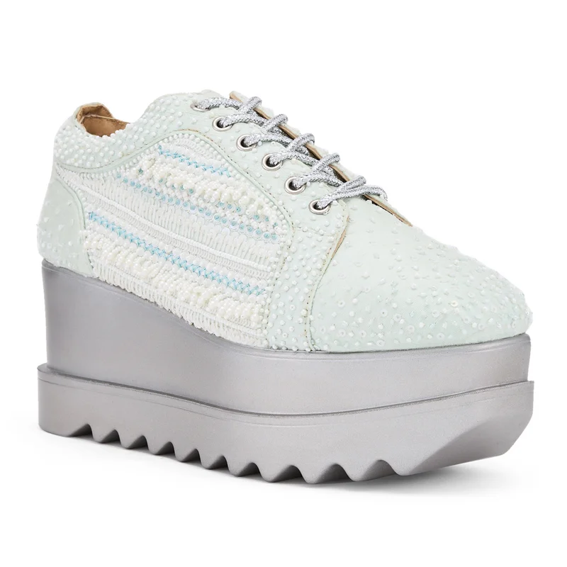 Anaar Anaar Mist Me Wedge Sneakers – Handcrafted Pastel Raw Silk Sneakers with Embroidery & Silver Wedge