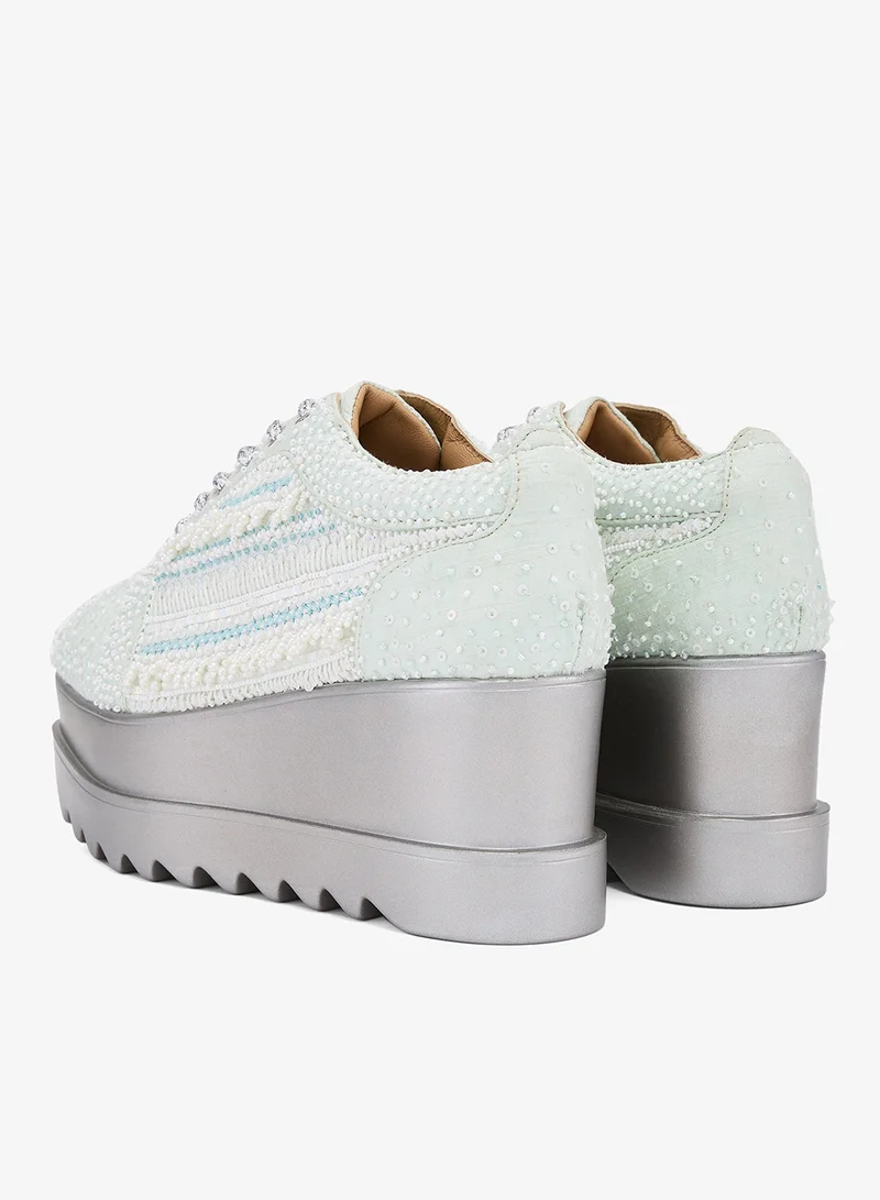 Anaar Anaar Mist Me Wedge Sneakers – Handcrafted Pastel Raw Silk Sneakers with Embroidery & Silver Wedge