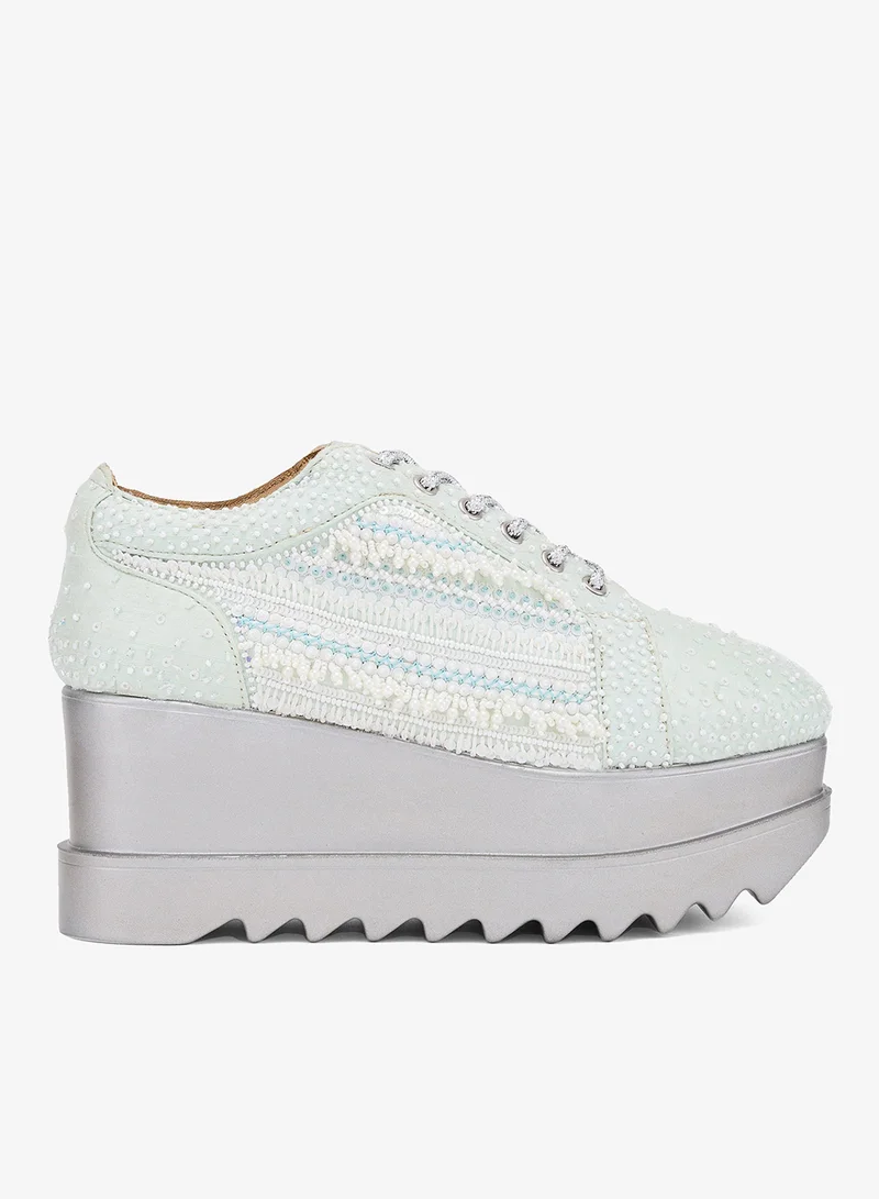 Anaar Anaar Mist Me Wedge Sneakers – Handcrafted Pastel Raw Silk Sneakers with Embroidery & Silver Wedge