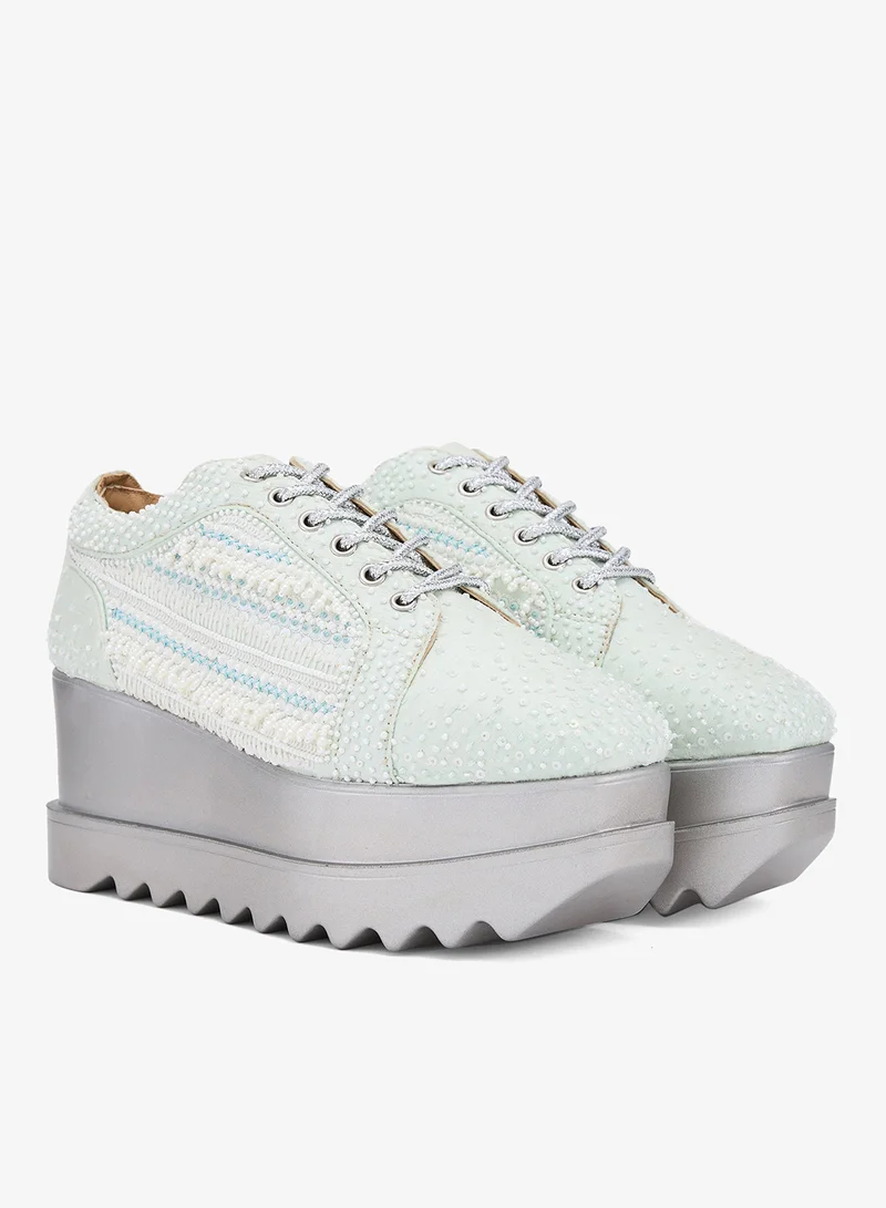 Anaar Anaar Mist Me Wedge Sneakers – Handcrafted Pastel Raw Silk Sneakers with Embroidery & Silver Wedge