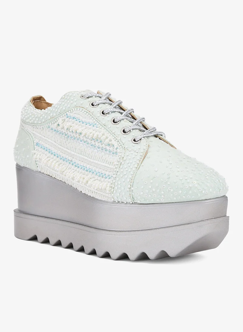 Anaar Anaar Mist Me Wedge Sneakers – Handcrafted Pastel Raw Silk Sneakers with Embroidery & Silver Wedge